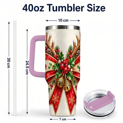 #pl[40oz|Pink] Reindeer Bow 40oz Tumbler with Handle, Christmas Ribbon Art