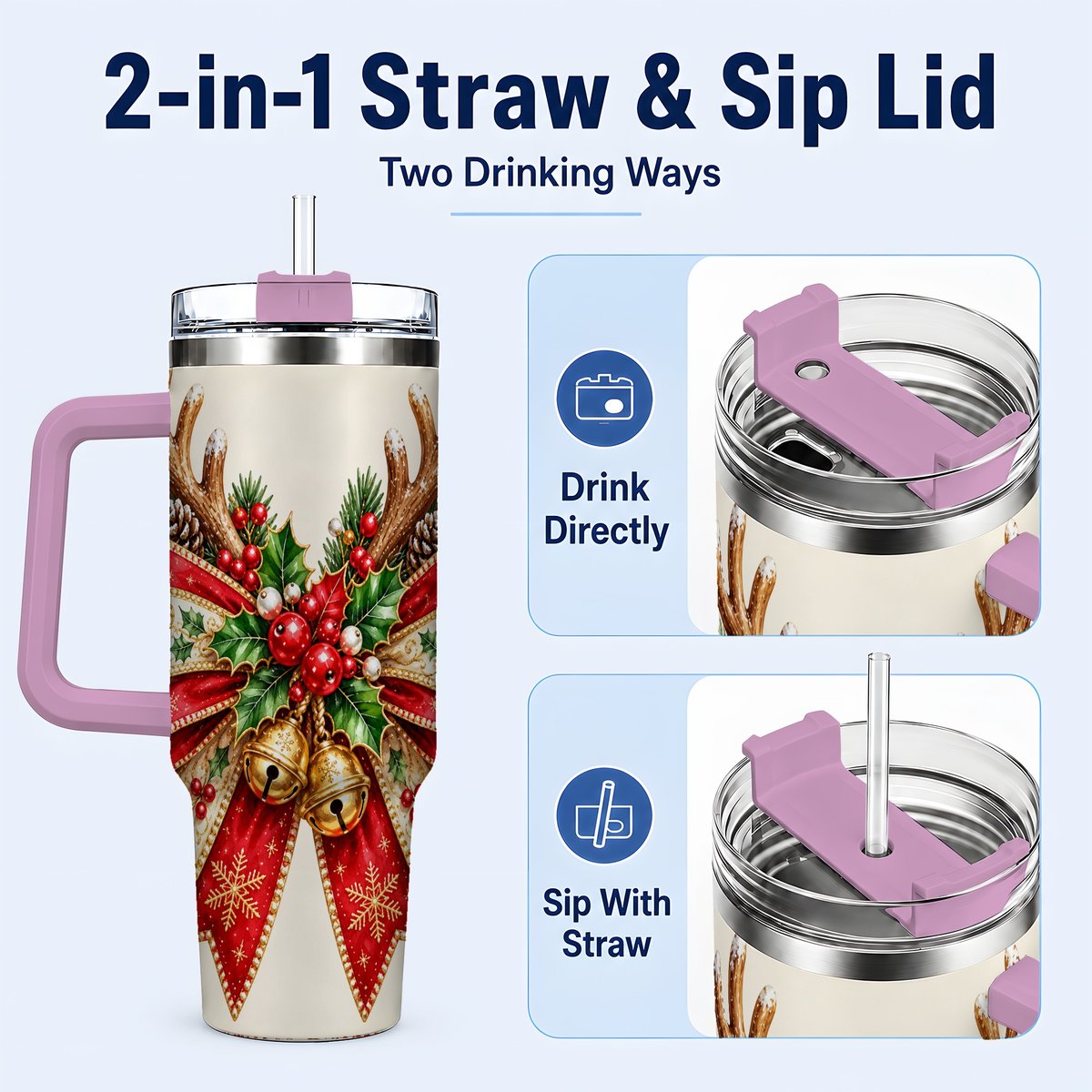 #pl[40oz|Pink] Reindeer Bow 40oz Tumbler with Handle, Christmas Ribbon Art