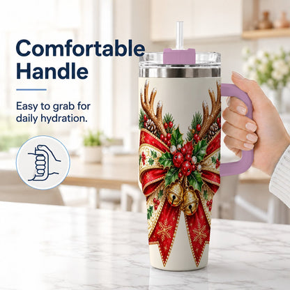 #pl[40oz|Pink] Reindeer Bow 40oz Tumbler with Handle, Christmas Ribbon Art