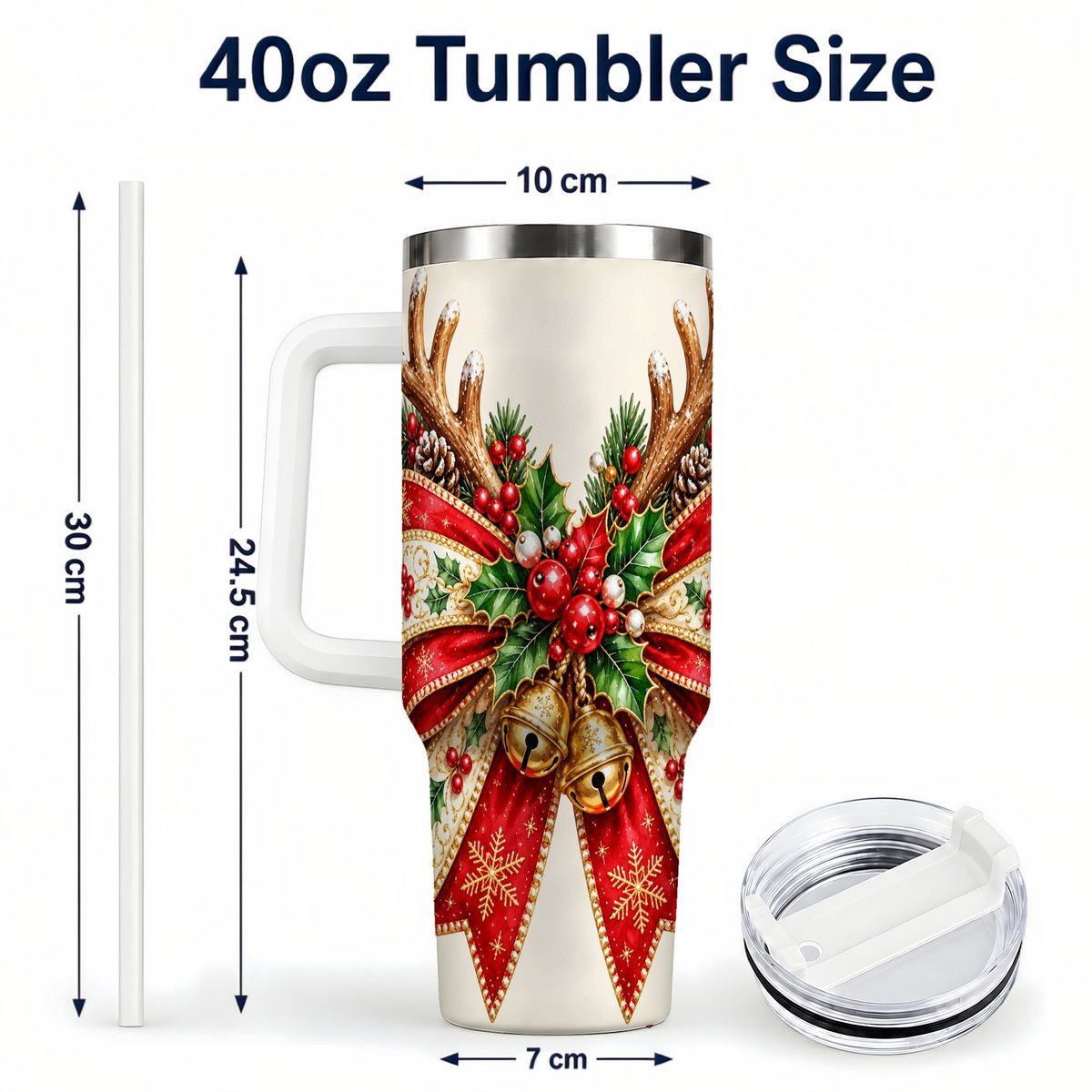 #pl[40oz|White] Reindeer Bow 40oz Tumbler with Handle, Christmas Ribbon Art