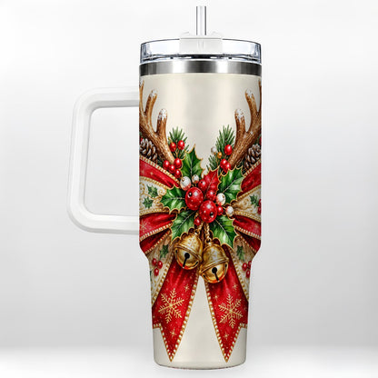 Reindeer Bow 40oz Tumbler with Handle, Christmas Ribbon Art