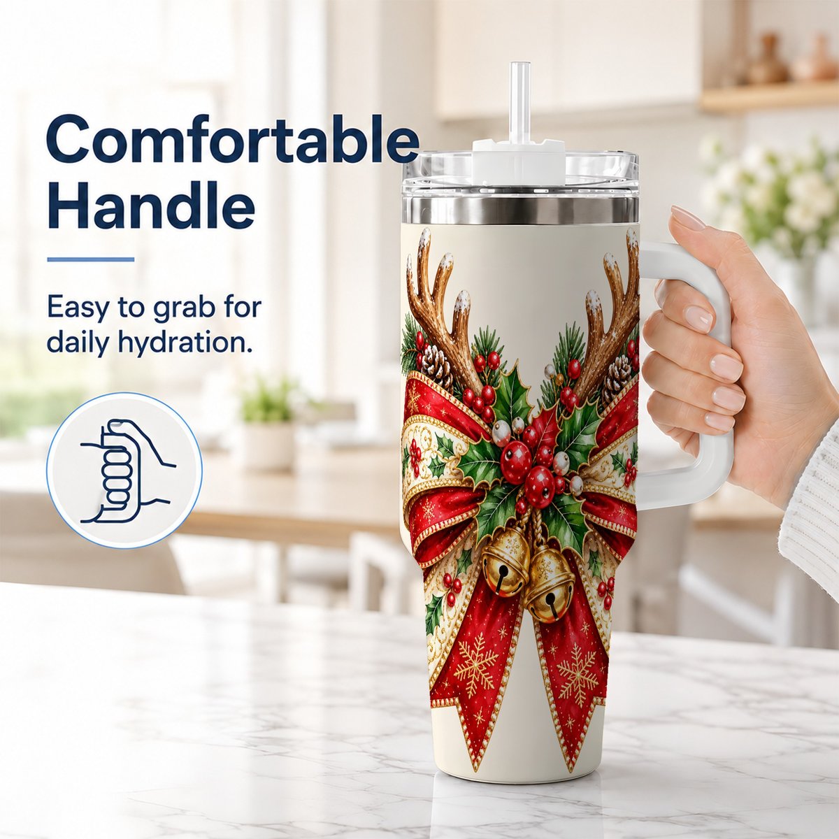 #pl[40oz|White] Reindeer Bow 40oz Tumbler with Handle, Christmas Ribbon Art