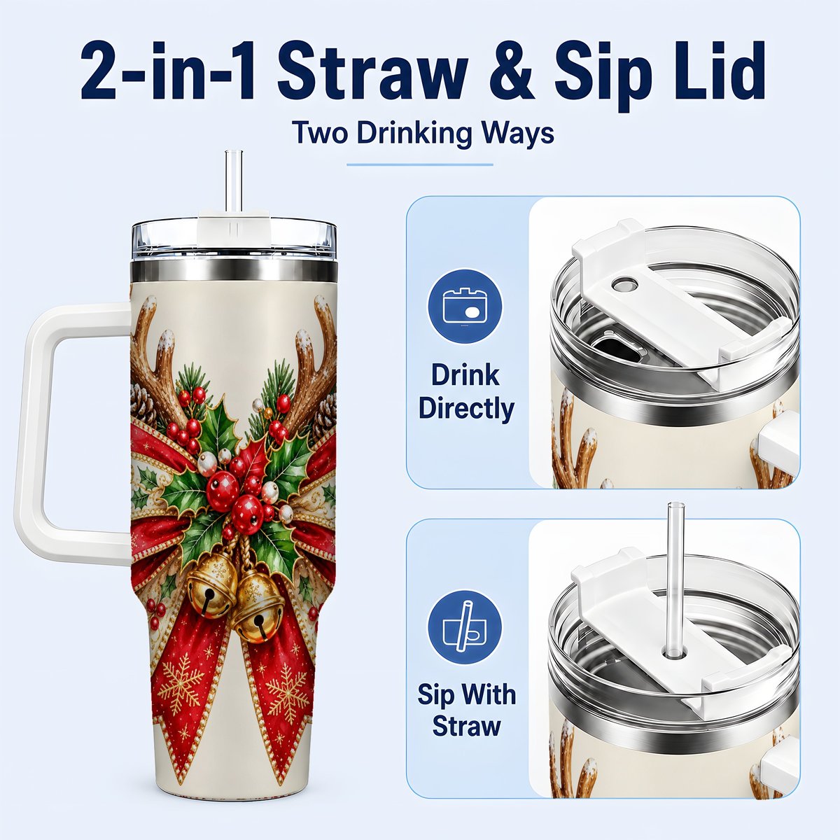 #pl[40oz|White] Reindeer Bow 40oz Tumbler with Handle, Christmas Ribbon Art
