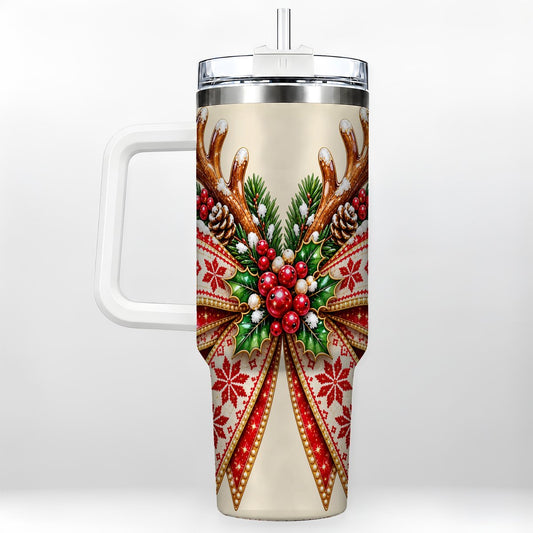 Snowflake Bow 40oz Tumbler with Handle, Winter Holly Pattern