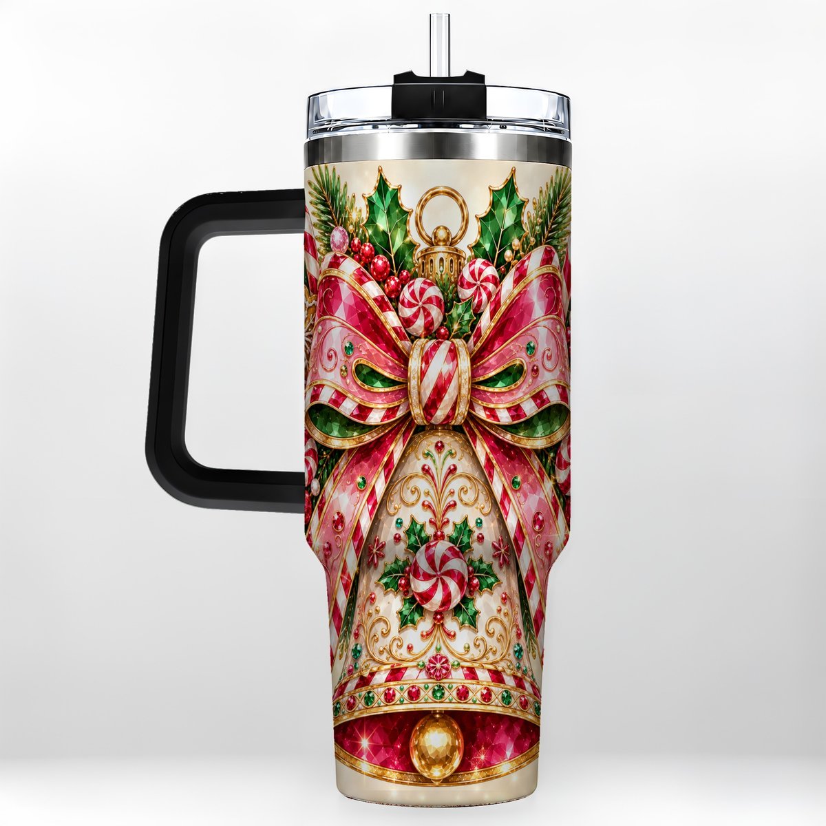 #pl[40oz|Black] Candy Cane Bell 40oz Tumbler with Handle, Festive Ornament Art