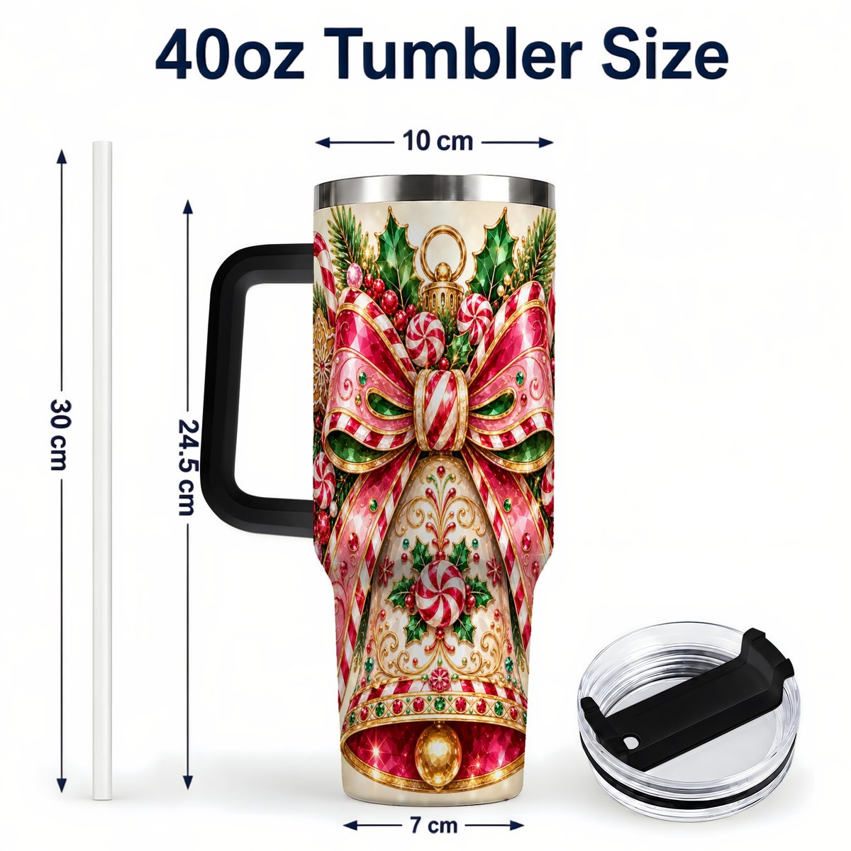 #pl[40oz|Black] Candy Cane Bell 40oz Tumbler with Handle, Festive Ornament Art