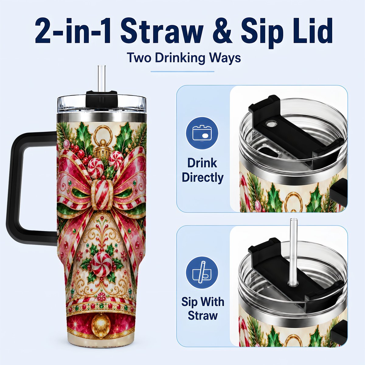 #pl[40oz|Black] Candy Cane Bell 40oz Tumbler with Handle, Festive Ornament Art