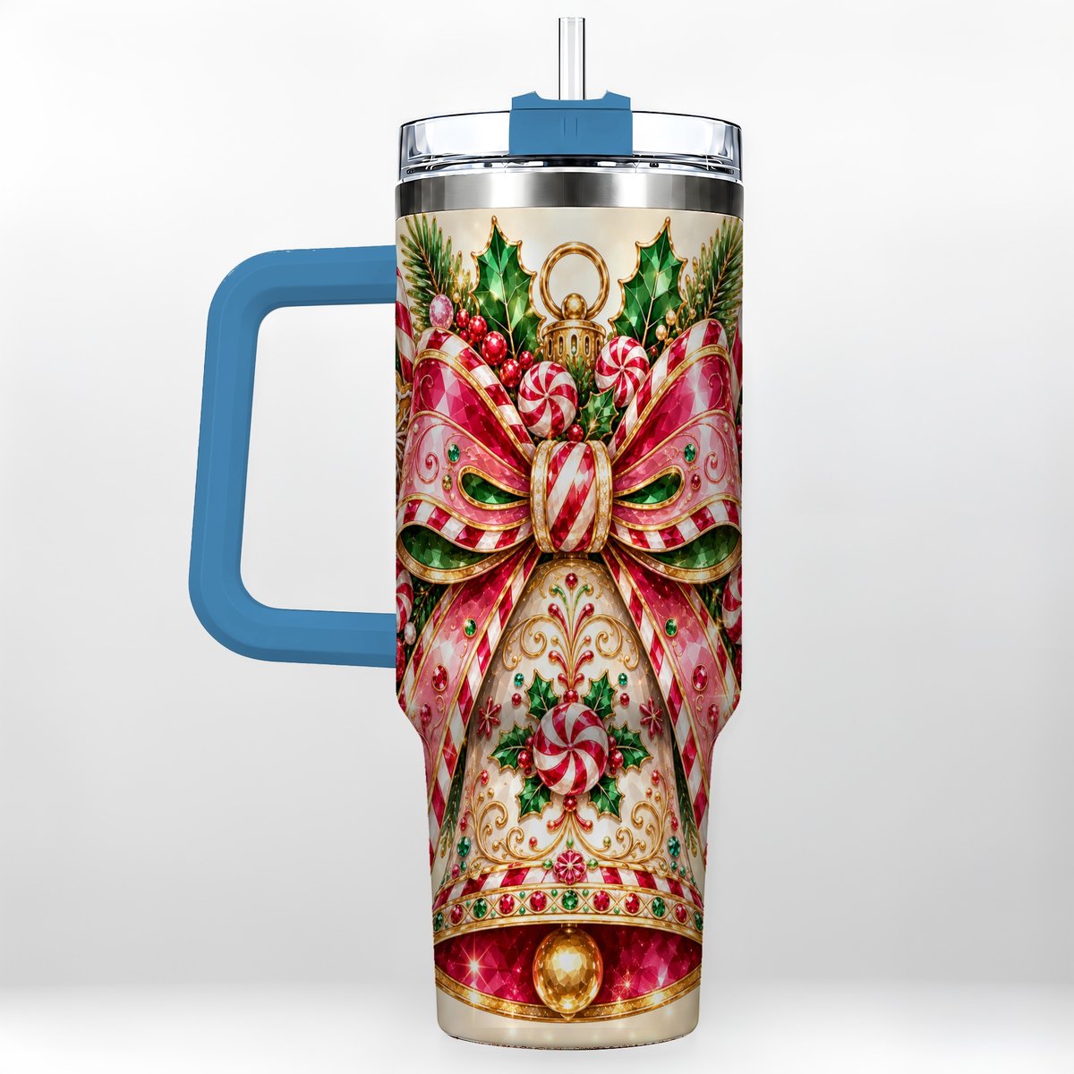 #pl[40oz|Blue] Candy Cane Bell 40oz Tumbler with Handle, Festive Ornament Art
