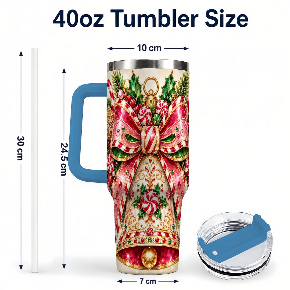 #pl[40oz|Blue] Candy Cane Bell 40oz Tumbler with Handle, Festive Ornament Art