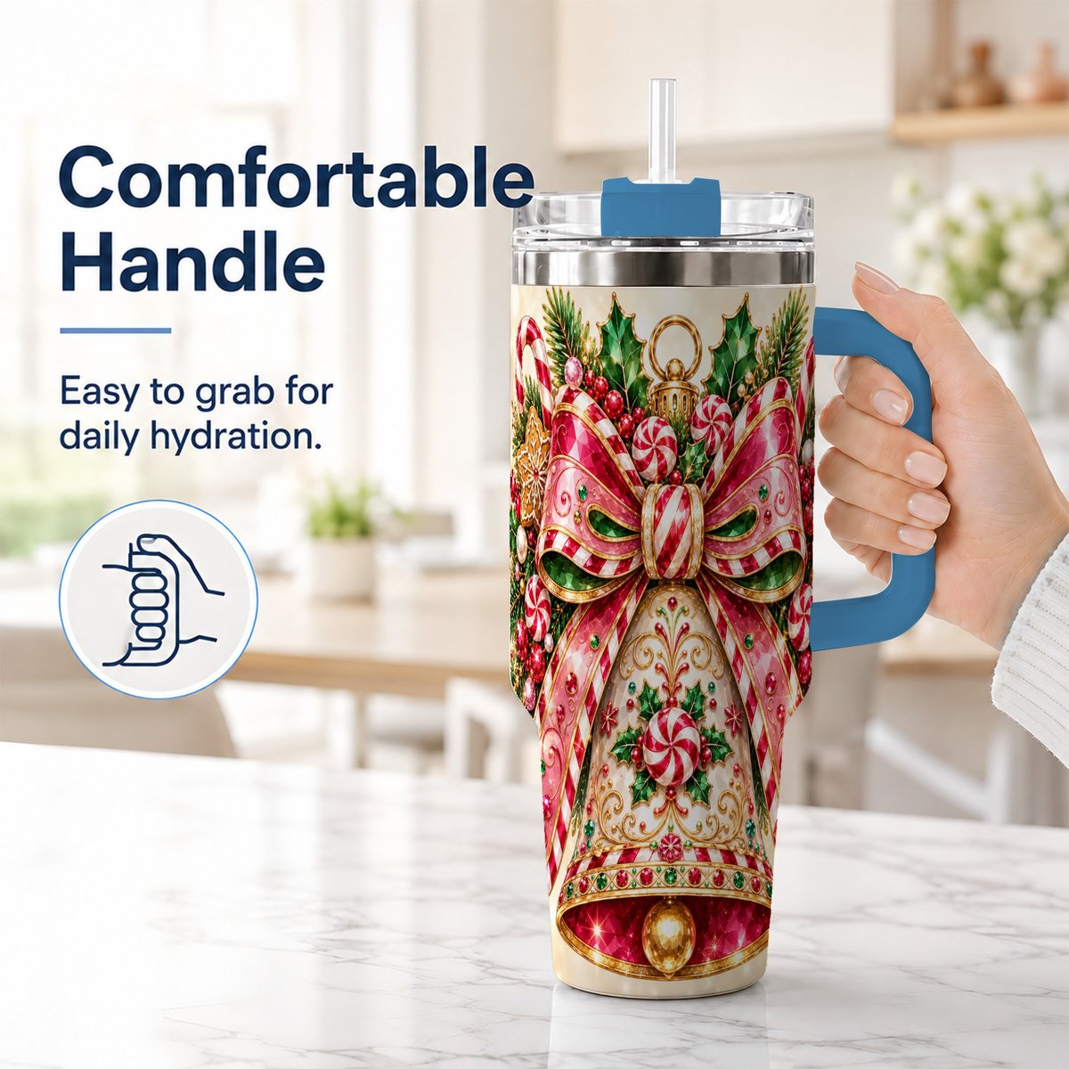 #pl[40oz|Blue] Candy Cane Bell 40oz Tumbler with Handle, Festive Ornament Art