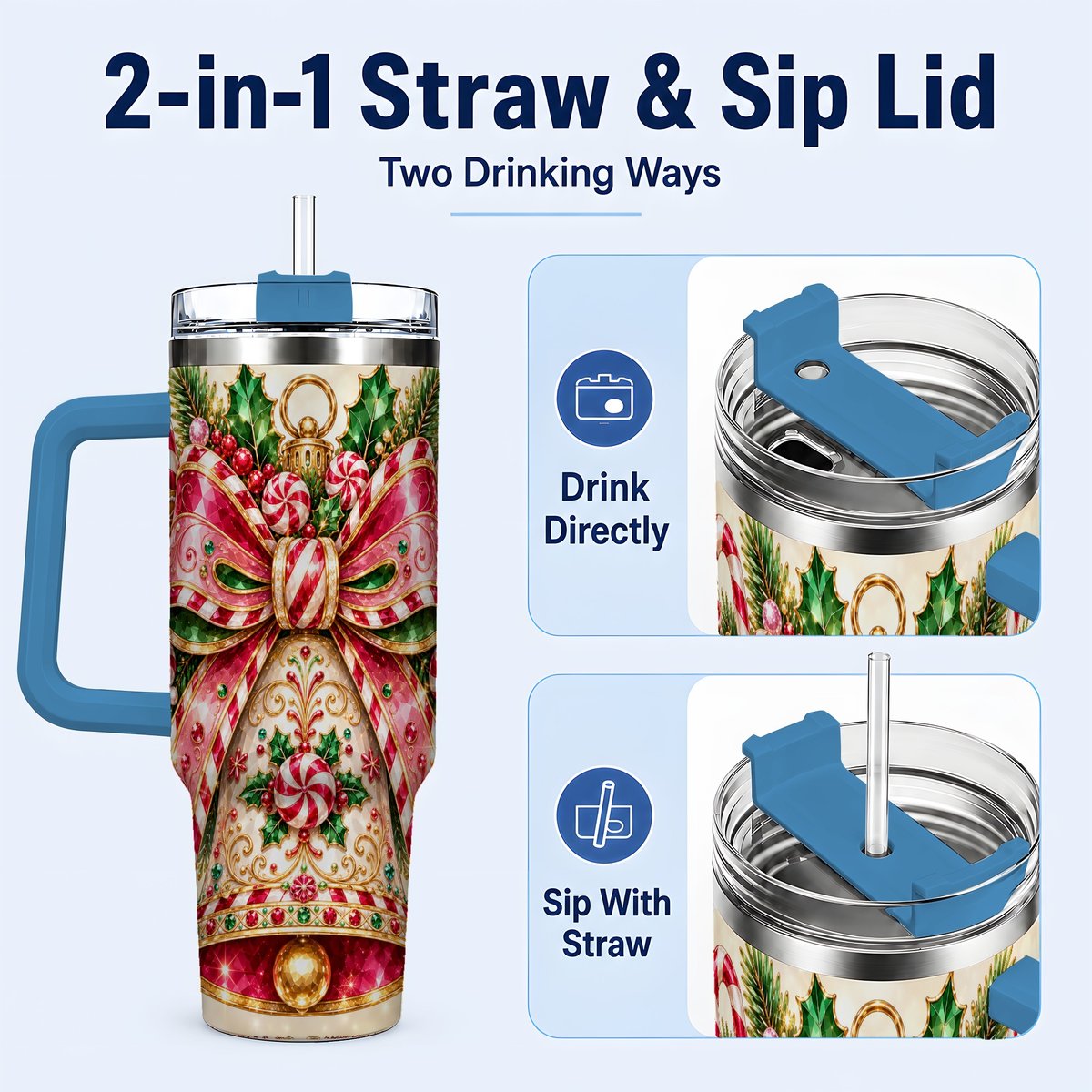 #pl[40oz|Blue] Candy Cane Bell 40oz Tumbler with Handle, Festive Ornament Art