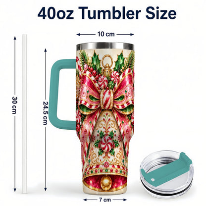#pl[40oz|Green] Candy Cane Bell 40oz Tumbler with Handle, Festive Ornament Art