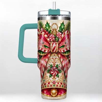 #pl[40oz|Green] Candy Cane Bell 40oz Tumbler with Handle, Festive Ornament Art