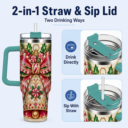 #pl[40oz|Green] Candy Cane Bell 40oz Tumbler with Handle, Festive Ornament Art