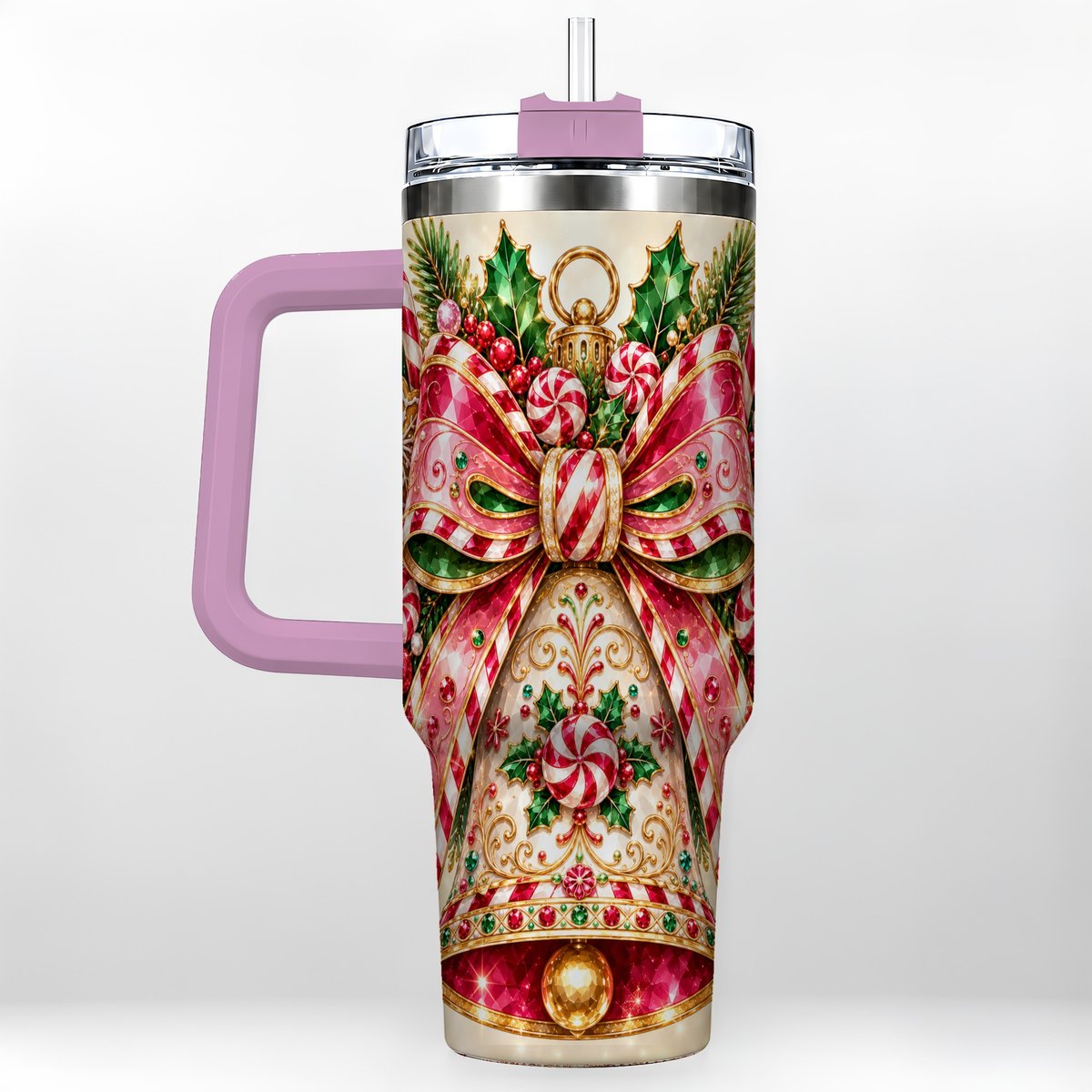 #pl[40oz|Pink] Candy Cane Bell 40oz Tumbler with Handle, Festive Ornament Art