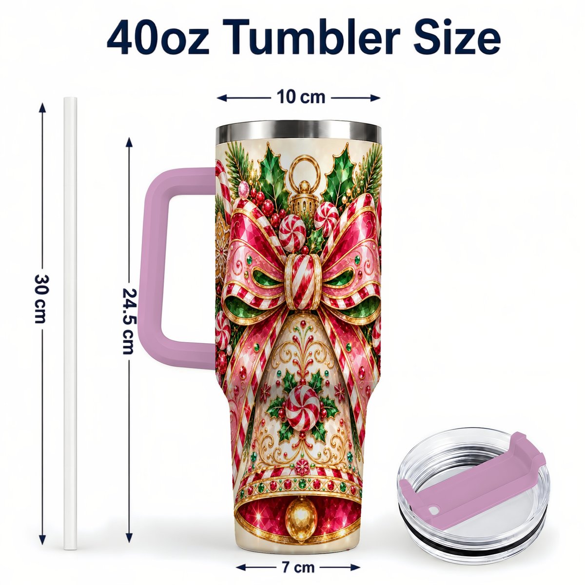 #pl[40oz|Pink] Candy Cane Bell 40oz Tumbler with Handle, Festive Ornament Art