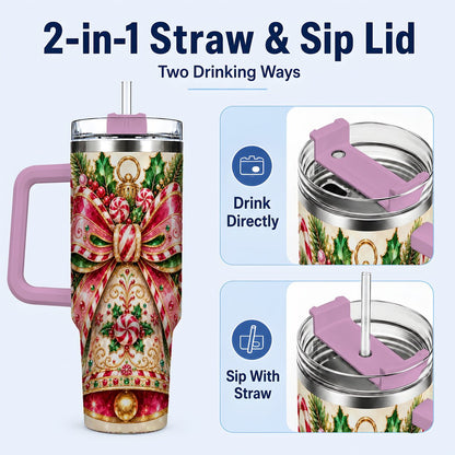 #pl[40oz|Pink] Candy Cane Bell 40oz Tumbler with Handle, Festive Ornament Art