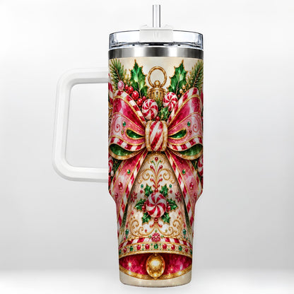 Candy Cane Bell 40oz Tumbler with Handle, Festive Ornament Art