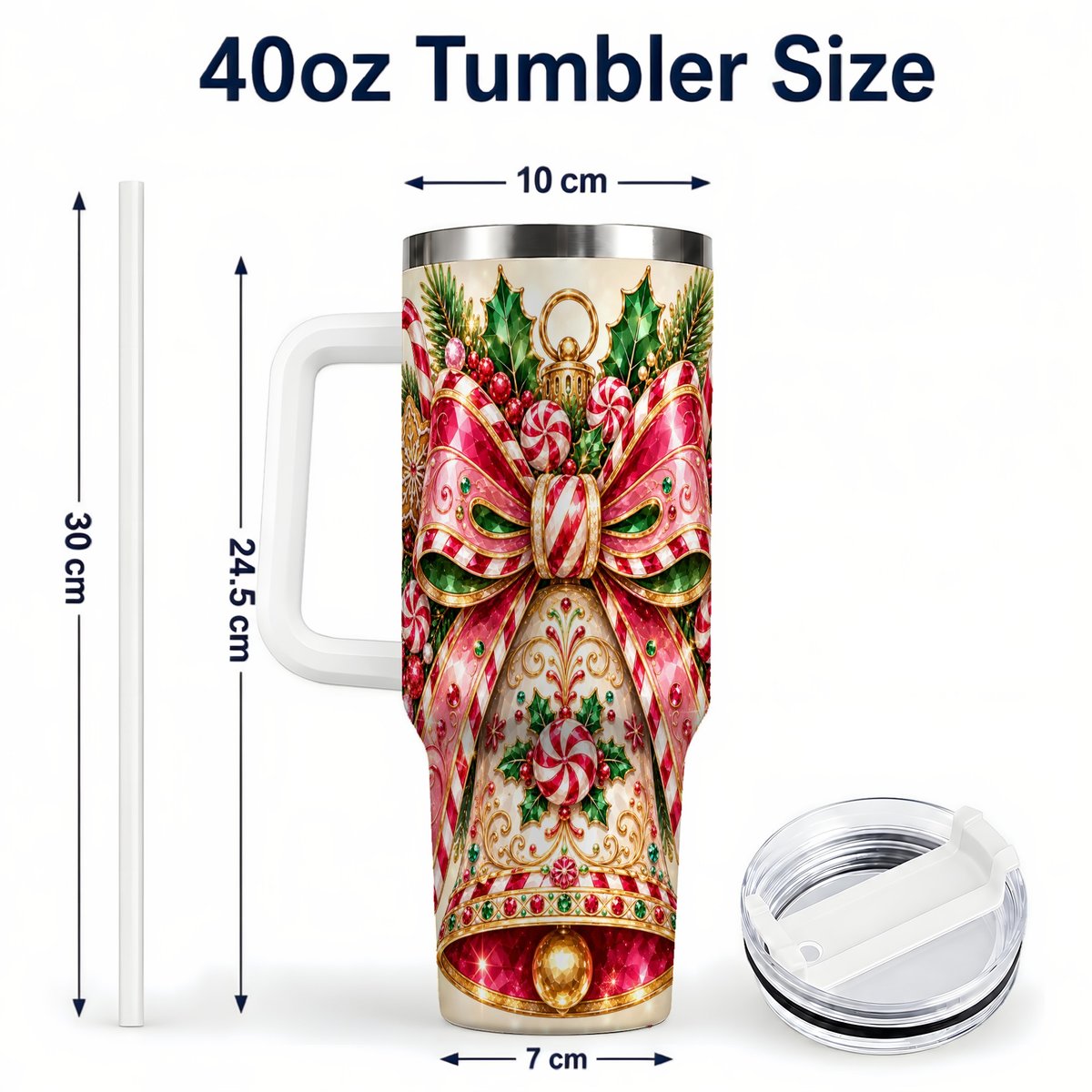#pl[40oz|White] Candy Cane Bell 40oz Tumbler with Handle, Festive Ornament Art