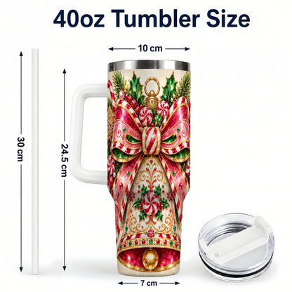 #pl[40oz|White] Candy Cane Bell 40oz Tumbler with Handle, Festive Ornament Art