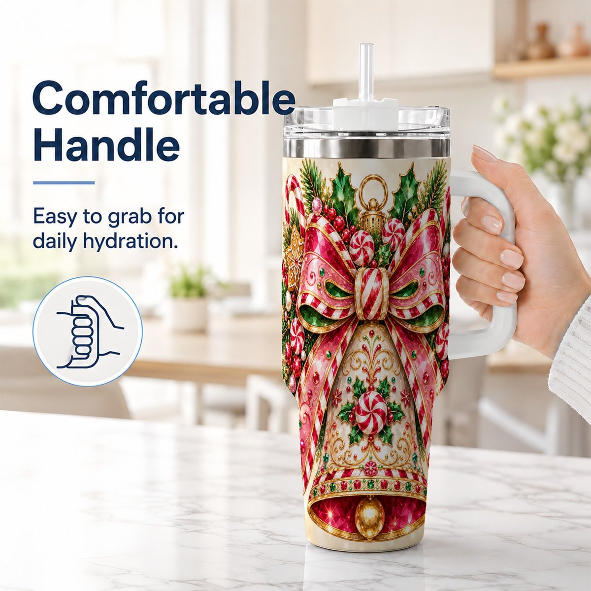#pl[40oz|White] Candy Cane Bell 40oz Tumbler with Handle, Festive Ornament Art