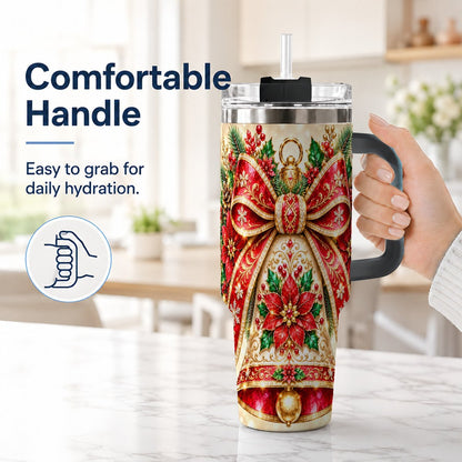 #pl[40oz|Black] Christmas Bell 40oz Tumbler with Handle, Poinsettia Bow Design