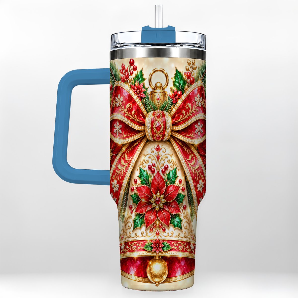 #pl[40oz|Blue] Christmas Bell 40oz Tumbler with Handle, Poinsettia Bow Design