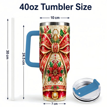 #pl[40oz|Blue] Christmas Bell 40oz Tumbler with Handle, Poinsettia Bow Design