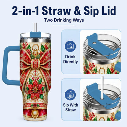 #pl[40oz|Blue] Christmas Bell 40oz Tumbler with Handle, Poinsettia Bow Design