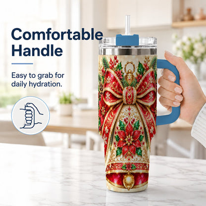 #pl[40oz|Blue] Christmas Bell 40oz Tumbler with Handle, Poinsettia Bow Design