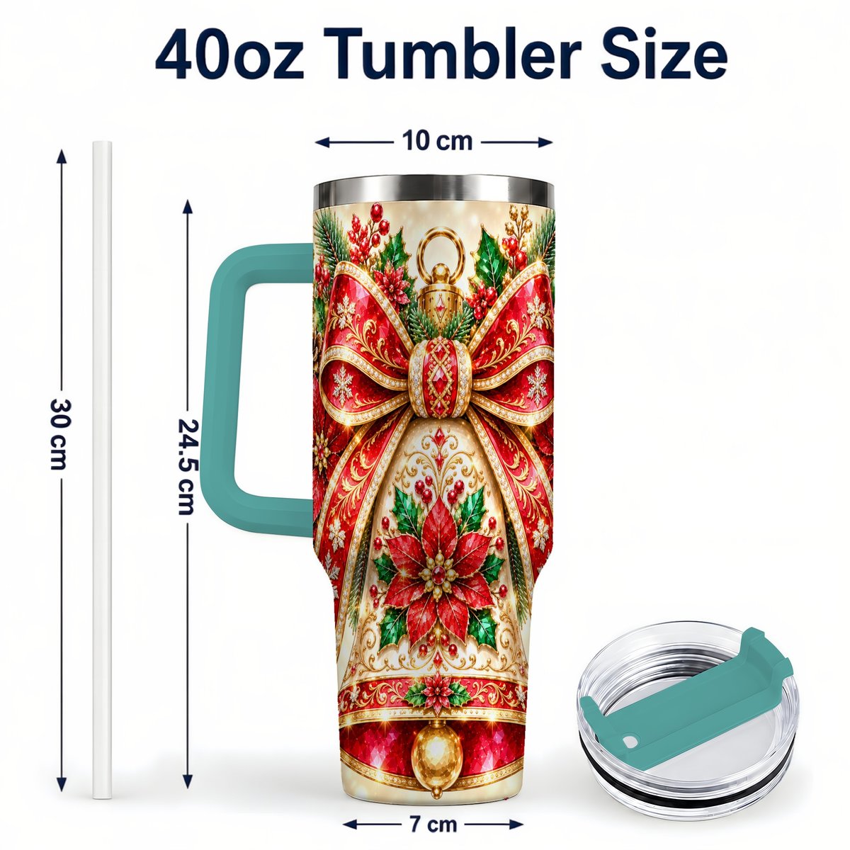 #pl[40oz|Green] Christmas Bell 40oz Tumbler with Handle, Poinsettia Bow Design