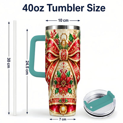 #pl[40oz|Green] Christmas Bell 40oz Tumbler with Handle, Poinsettia Bow Design