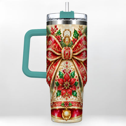 #pl[40oz|Green] Christmas Bell 40oz Tumbler with Handle, Poinsettia Bow Design