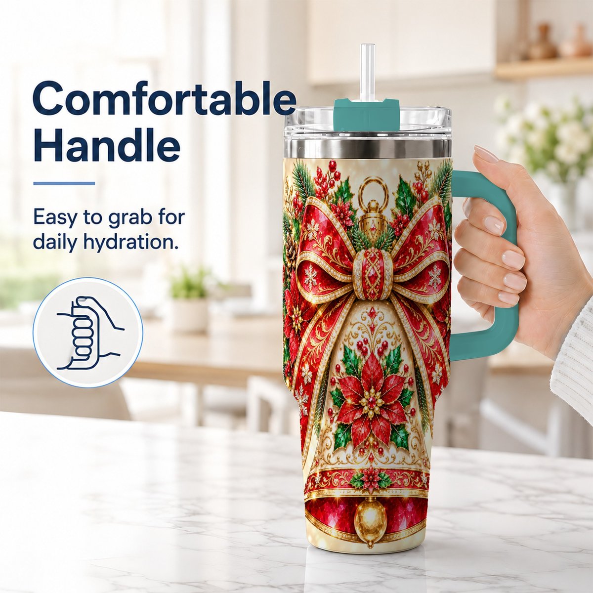 #pl[40oz|Green] Christmas Bell 40oz Tumbler with Handle, Poinsettia Bow Design