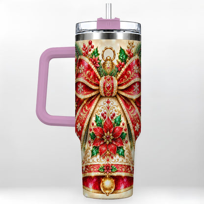 #pl[40oz|Pink] Christmas Bell 40oz Tumbler with Handle, Poinsettia Bow Design