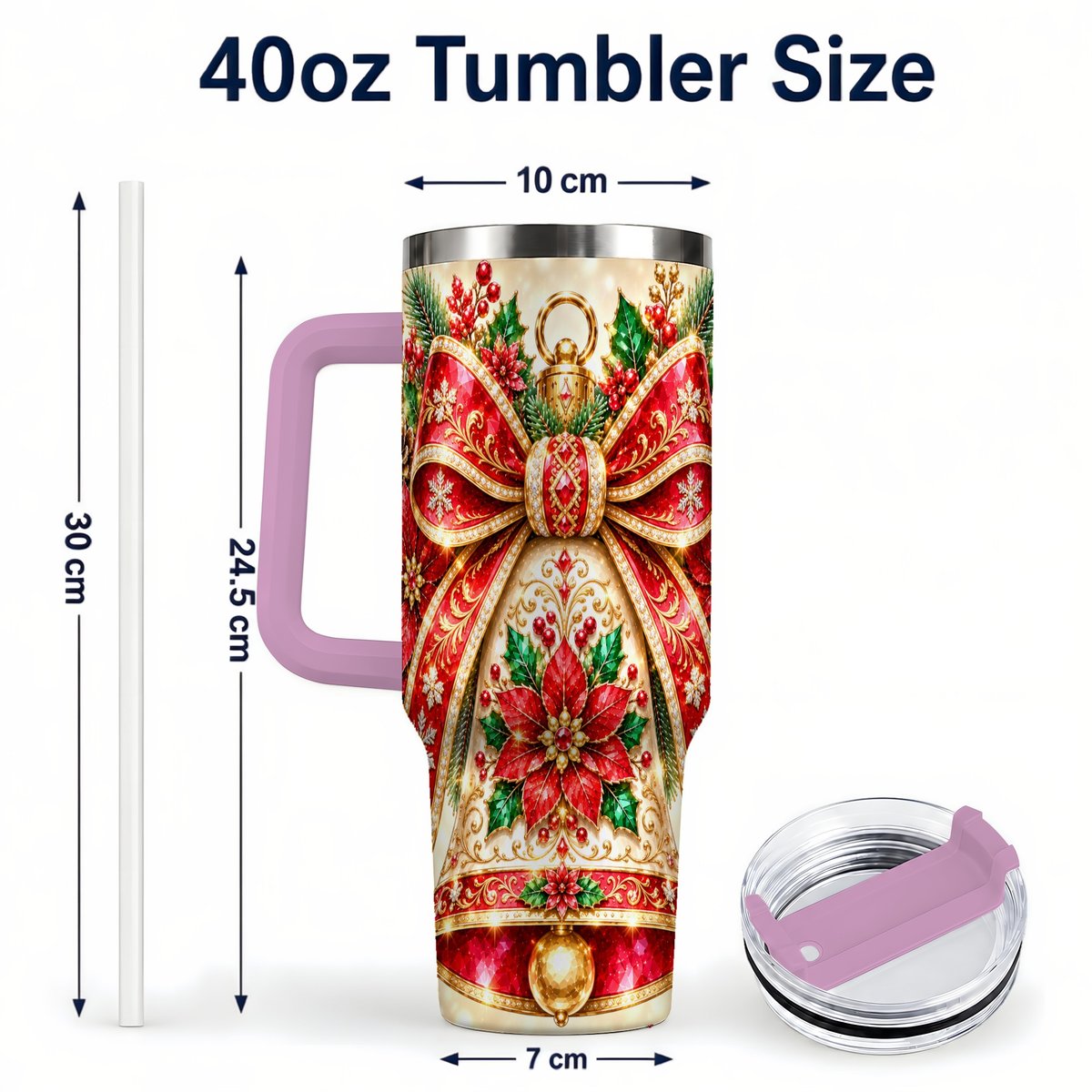 #pl[40oz|Pink] Christmas Bell 40oz Tumbler with Handle, Poinsettia Bow Design
