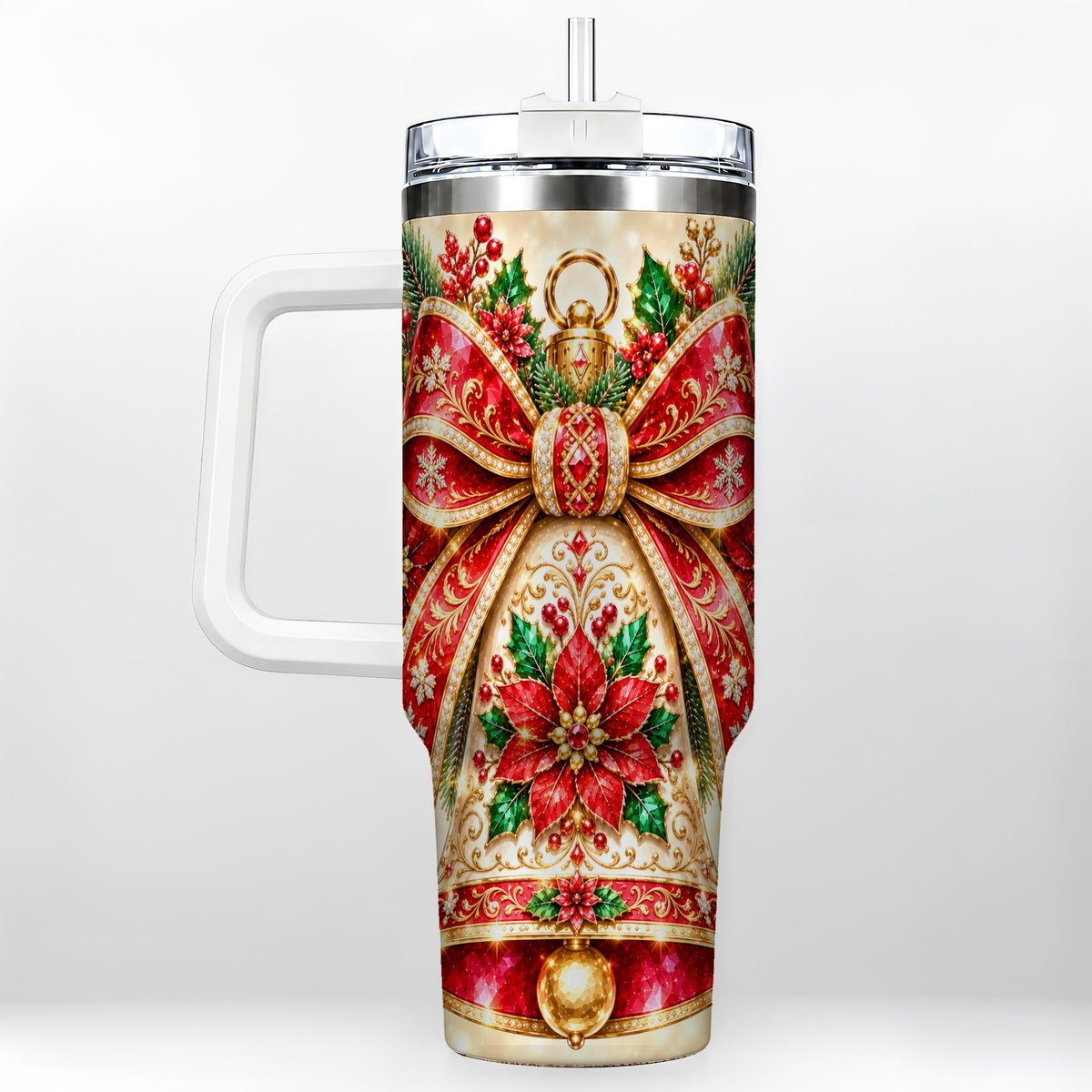Christmas Bell 40oz Tumbler with Handle, Poinsettia Bow Design