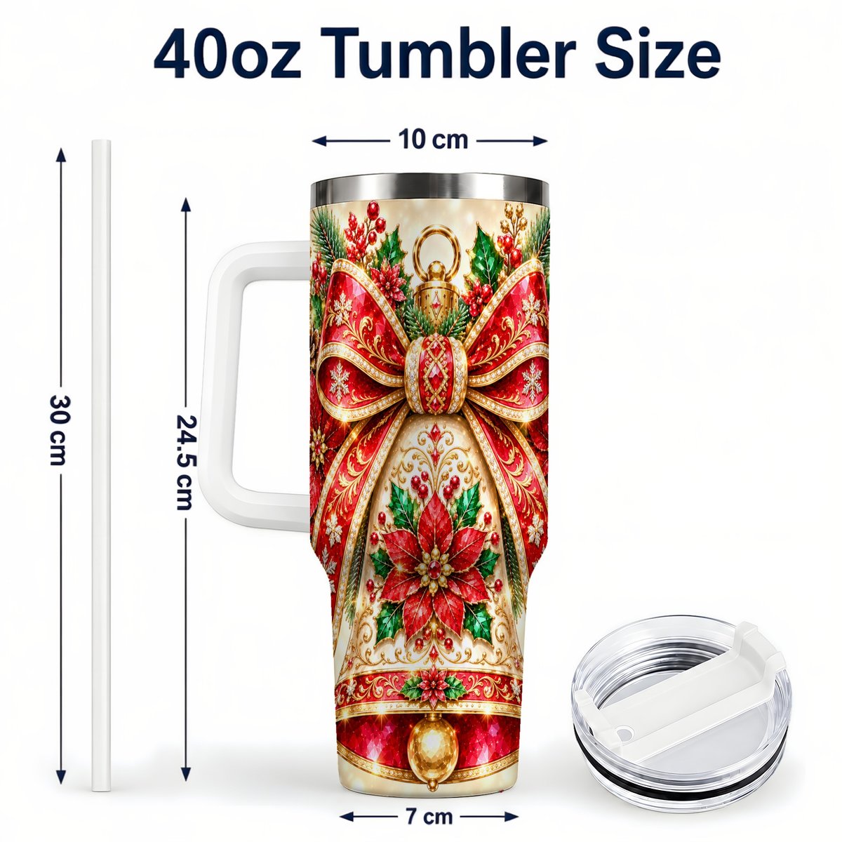 #pl[40oz|White] Christmas Bell 40oz Tumbler with Handle, Poinsettia Bow Design