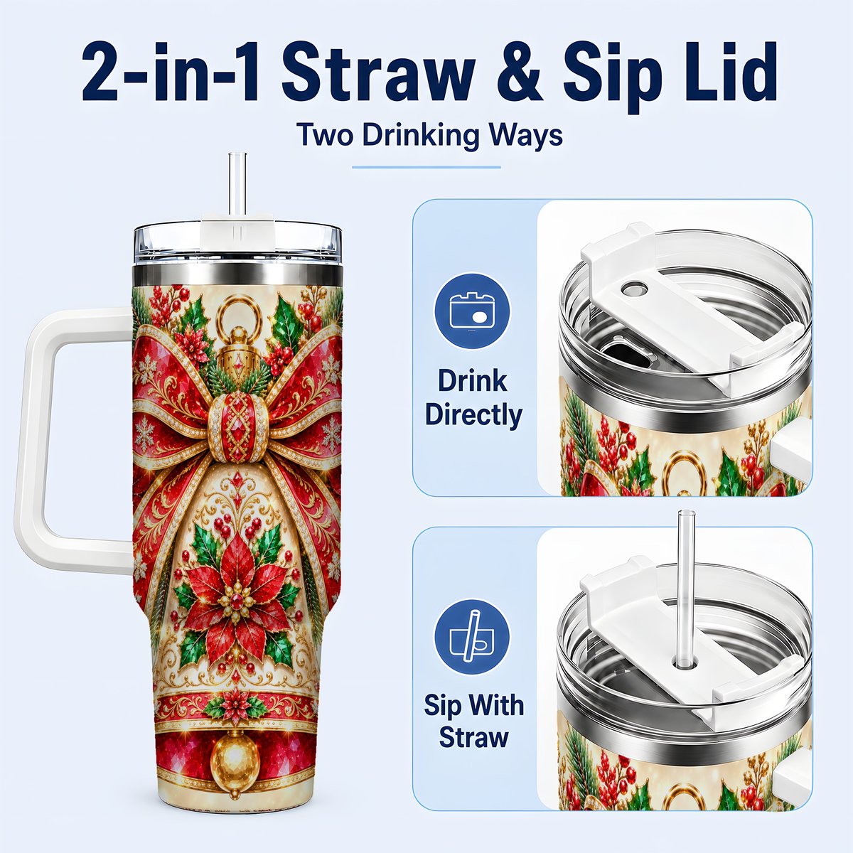 #pl[40oz|White] Christmas Bell 40oz Tumbler with Handle, Poinsettia Bow Design