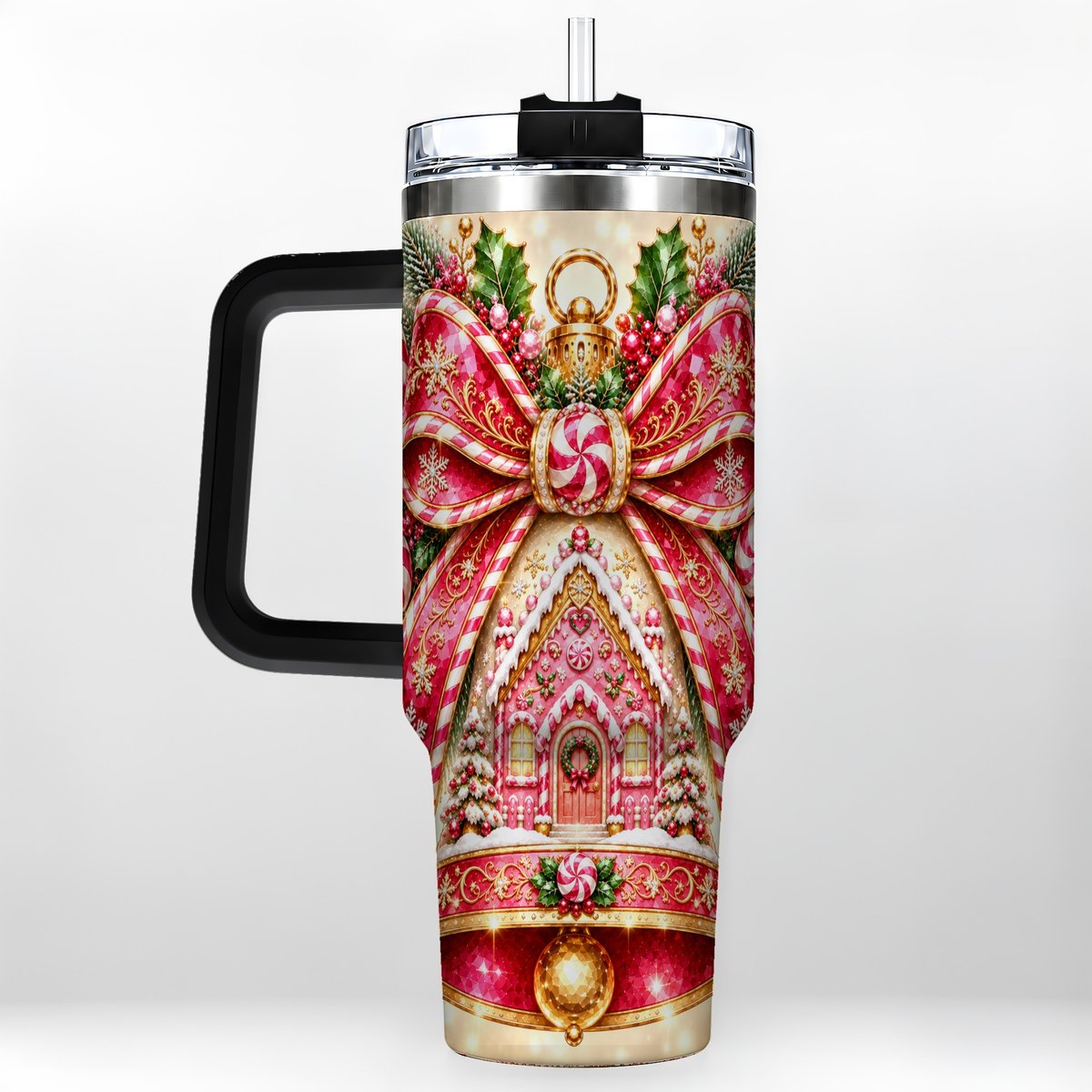 #pl[40oz|Black] Gingerbread Bell 40oz Tumbler with Handle, Peppermint Holiday Art