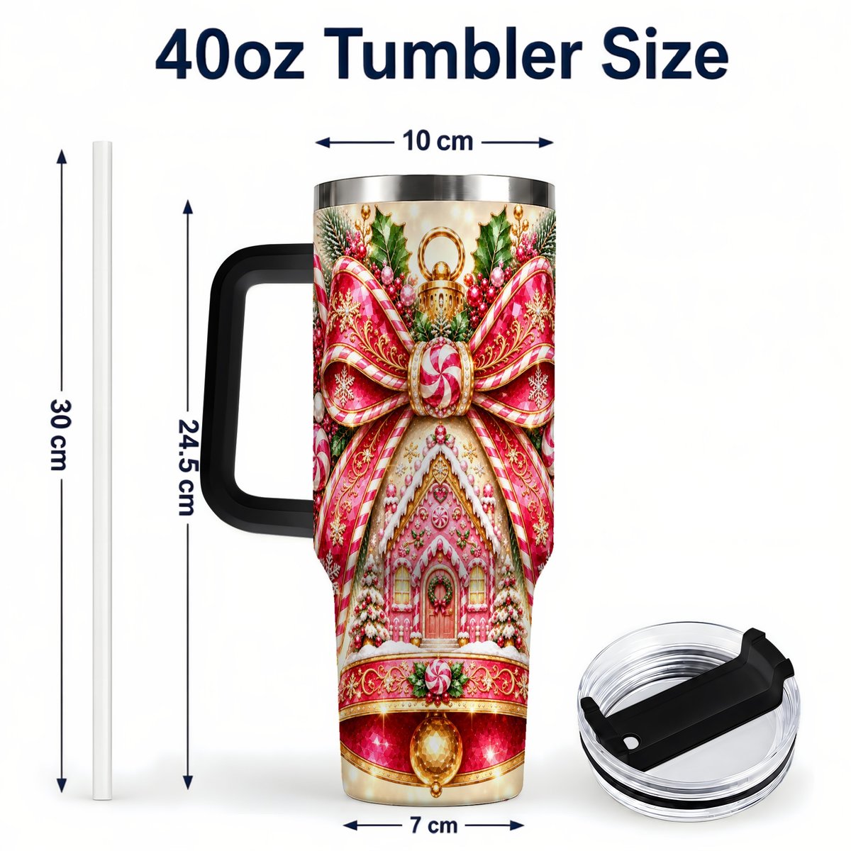 #pl[40oz|Black] Gingerbread Bell 40oz Tumbler with Handle, Peppermint Holiday Art