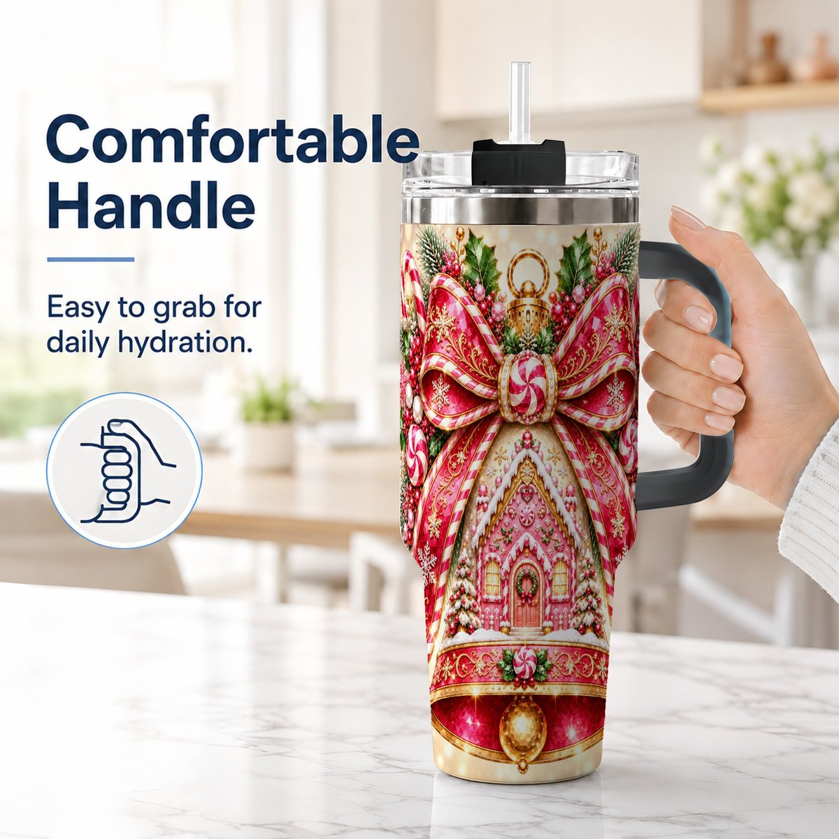 #pl[40oz|Black] Gingerbread Bell 40oz Tumbler with Handle, Peppermint Holiday Art