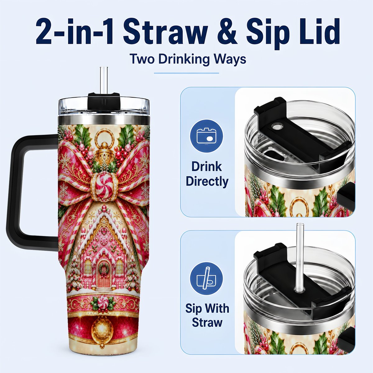 #pl[40oz|Black] Gingerbread Bell 40oz Tumbler with Handle, Peppermint Holiday Art