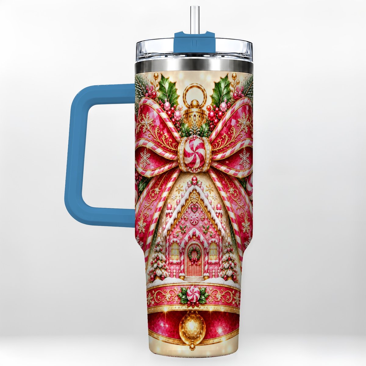 #pl[40oz|Blue] Gingerbread Bell 40oz Tumbler with Handle, Peppermint Holiday Art