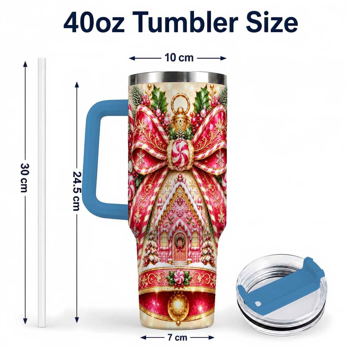 #pl[40oz|Blue] Gingerbread Bell 40oz Tumbler with Handle, Peppermint Holiday Art