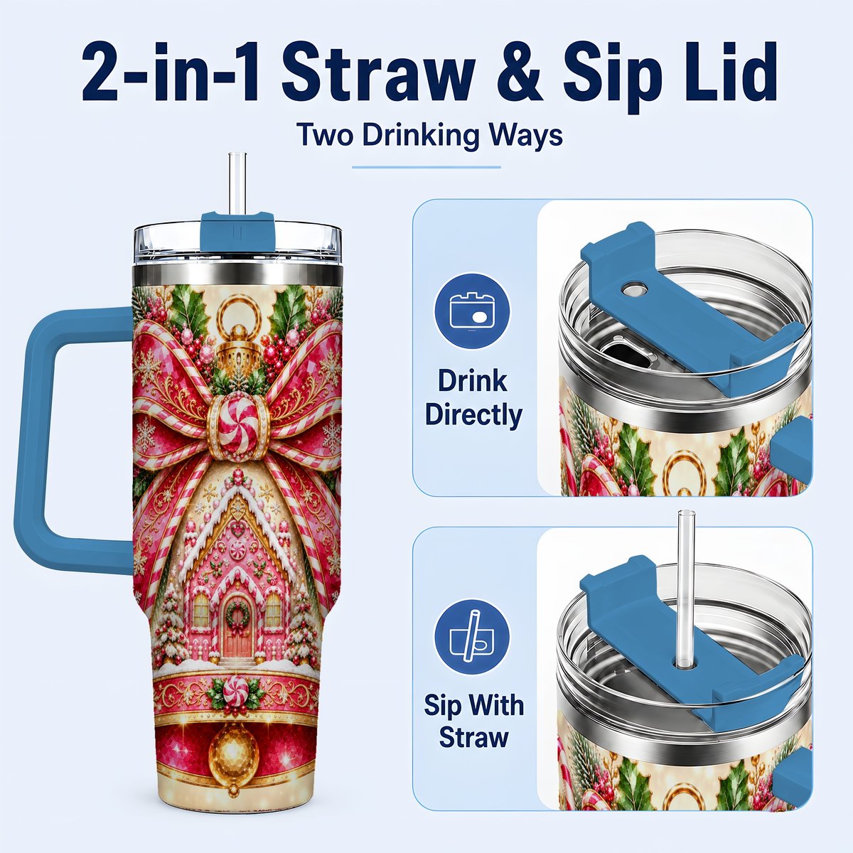 #pl[40oz|Blue] Gingerbread Bell 40oz Tumbler with Handle, Peppermint Holiday Art
