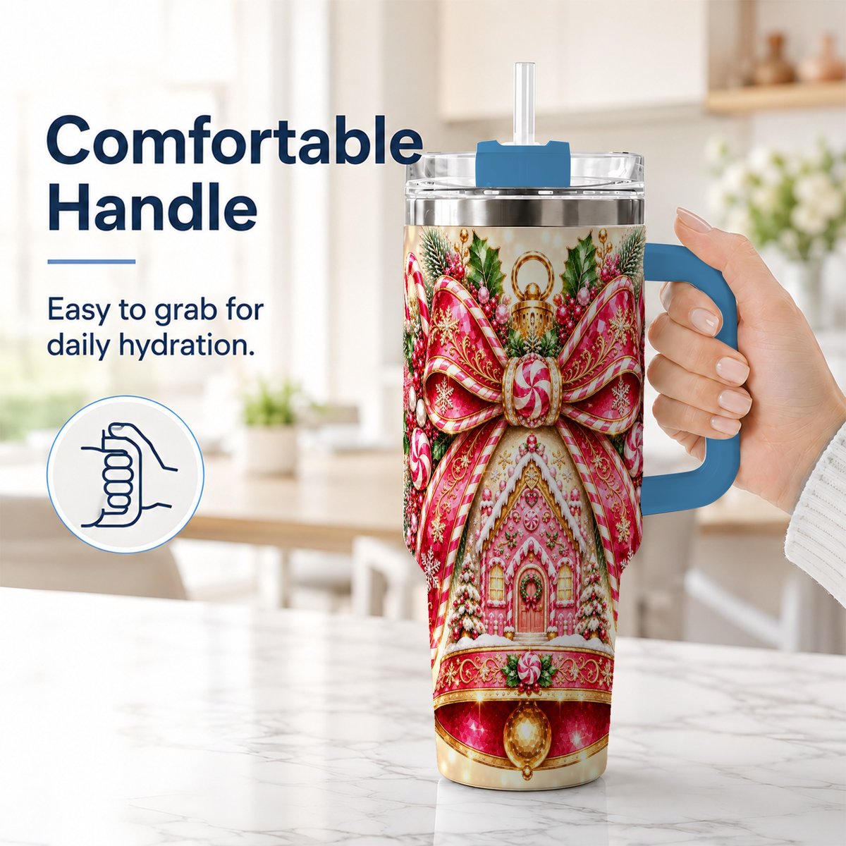 #pl[40oz|Blue] Gingerbread Bell 40oz Tumbler with Handle, Peppermint Holiday Art