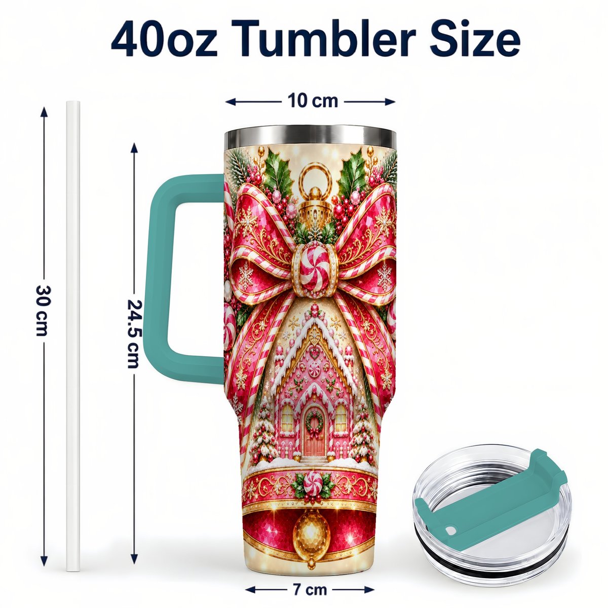 #pl[40oz|Green] Gingerbread Bell 40oz Tumbler with Handle, Peppermint Holiday Art
