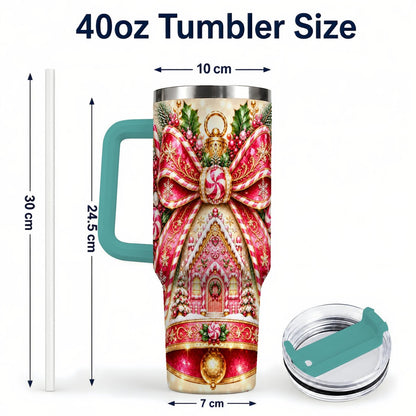 #pl[40oz|Green] Gingerbread Bell 40oz Tumbler with Handle, Peppermint Holiday Art
