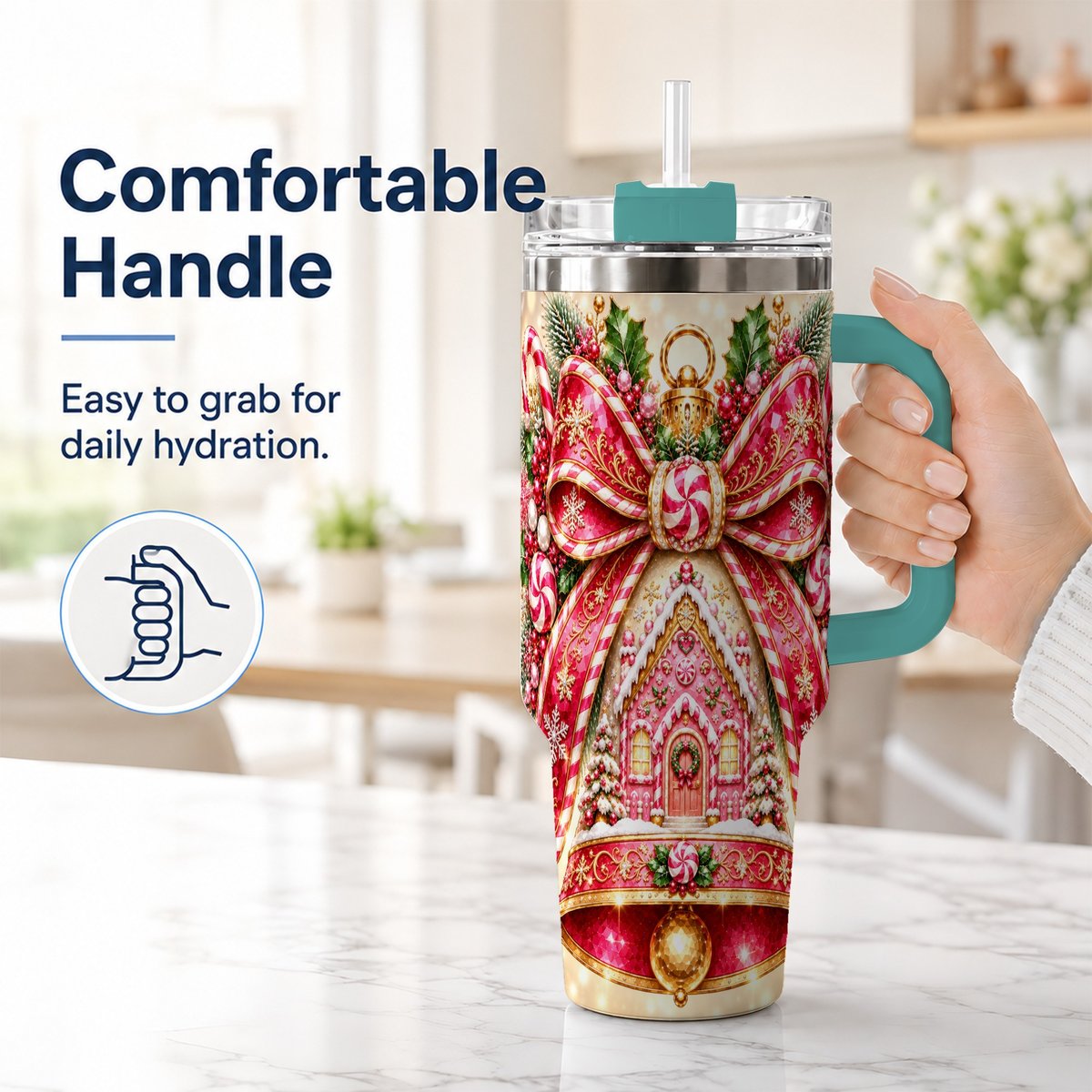 #pl[40oz|Green] Gingerbread Bell 40oz Tumbler with Handle, Peppermint Holiday Art